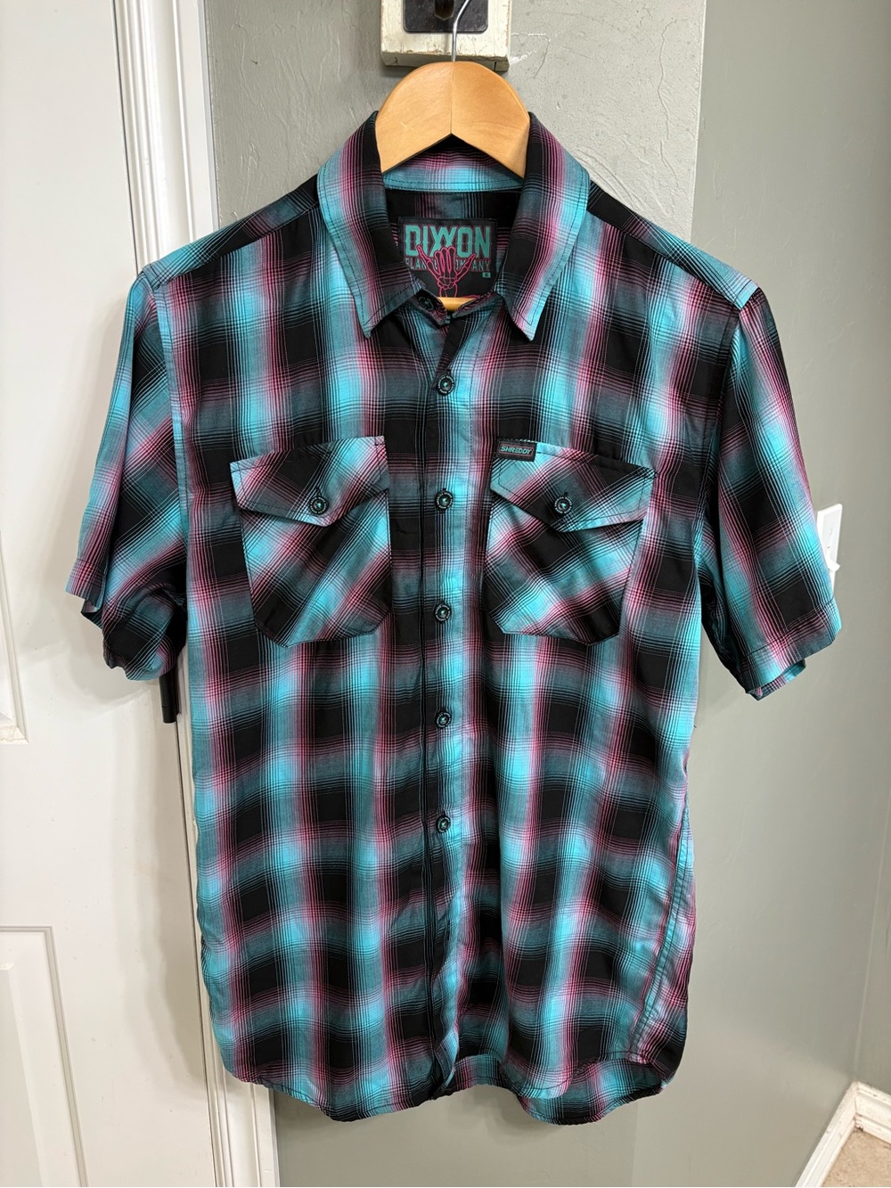 DIXXON Turquoise, Black & Pink Plaid Short Sleeve Button-Down Shirt